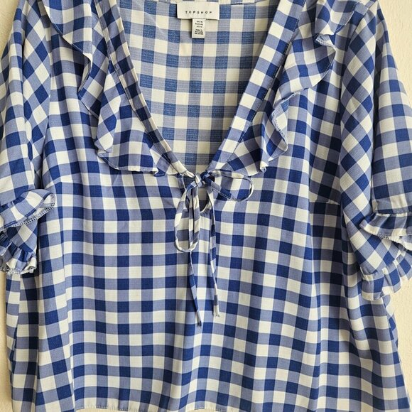 Topshop Boho Houndstooth Fall crop Vneck  top,blue Milkmaid Western Cowgirl 10 - Picture 2 of 6